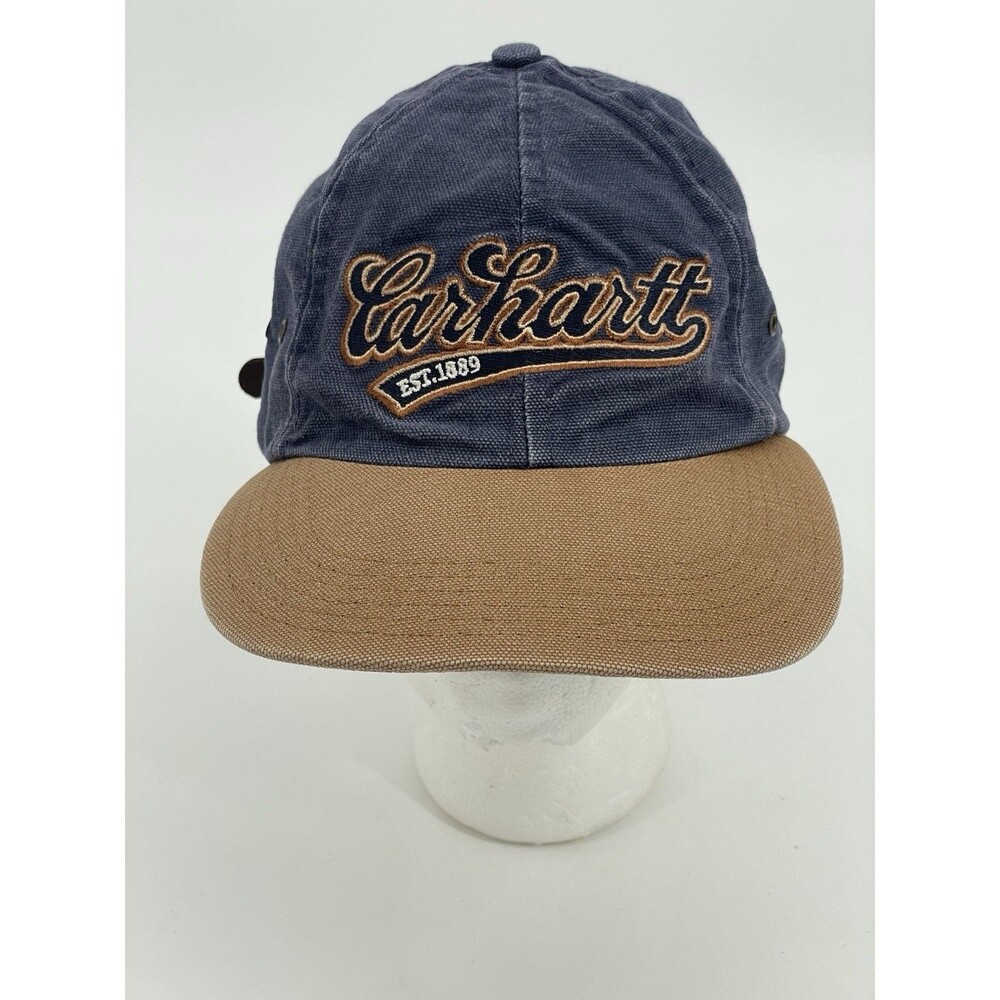 Carhartt Mens Vintage Script Leather Strap Logo Hat Blue Tan Canvas A75PTL USA